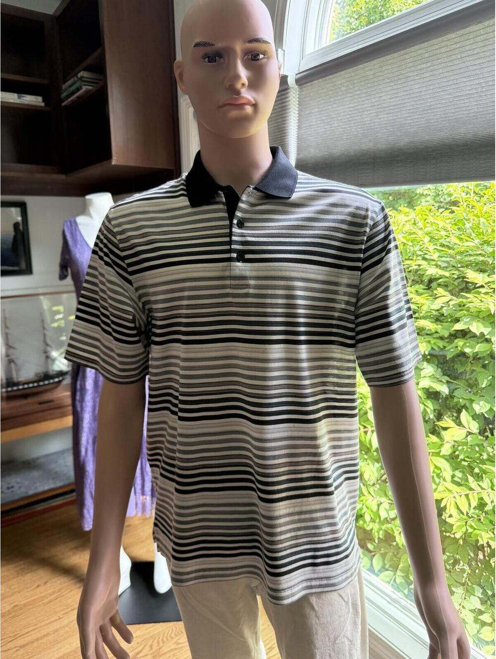 Bugatchi Uomo Men’s Polo Shirt Medium Black White Gray Striped Stretch